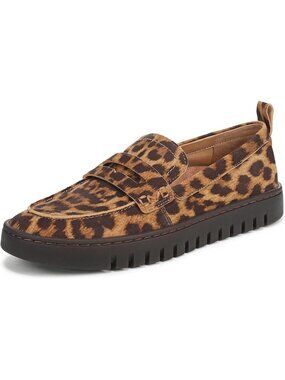 Women's Tan Leopard Suede Leather Round Toe Slip On Platform Hybrid Penny Loafer